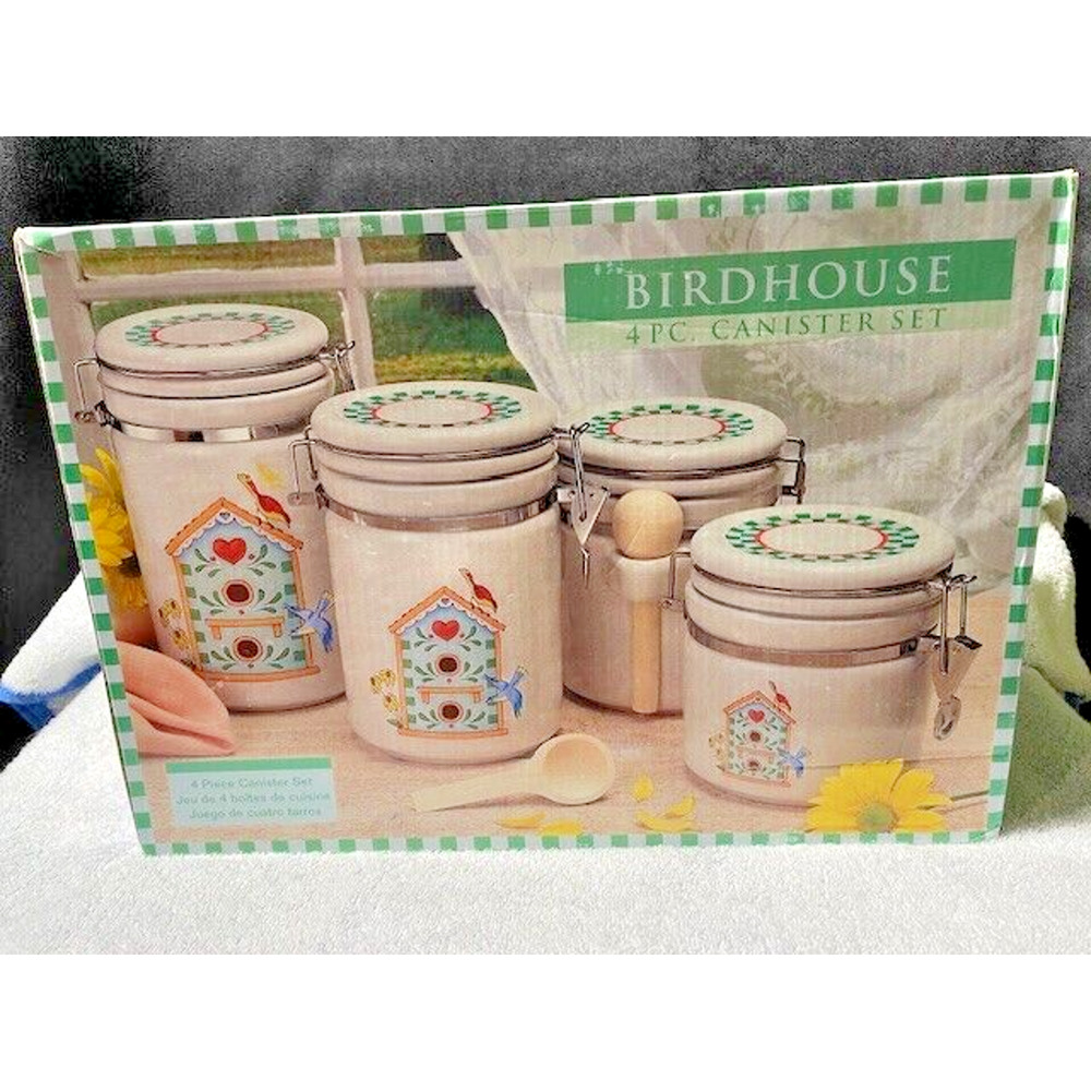 Bird House Stoneware Canister Set Art By Alco Industries Inc New In Box